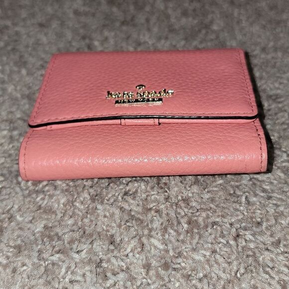 Kate Spade Pebbled Leather Trifold Coral Pink Salmon Wallet w Striped Lining - Picture 4 of 16